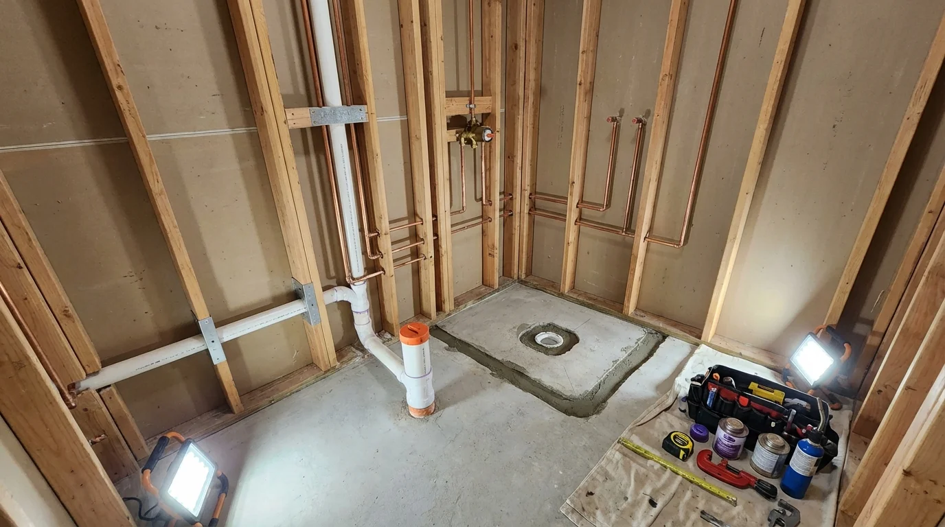 Bathroom rough-in plumbing during remodel by Johns Plumbing LLC in Grantham