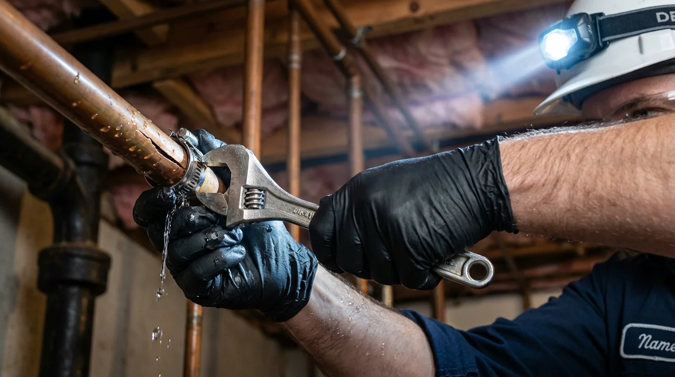Emergency pipe clamp repair being performed by a Johns Plumbing LLC plumber in Grantham