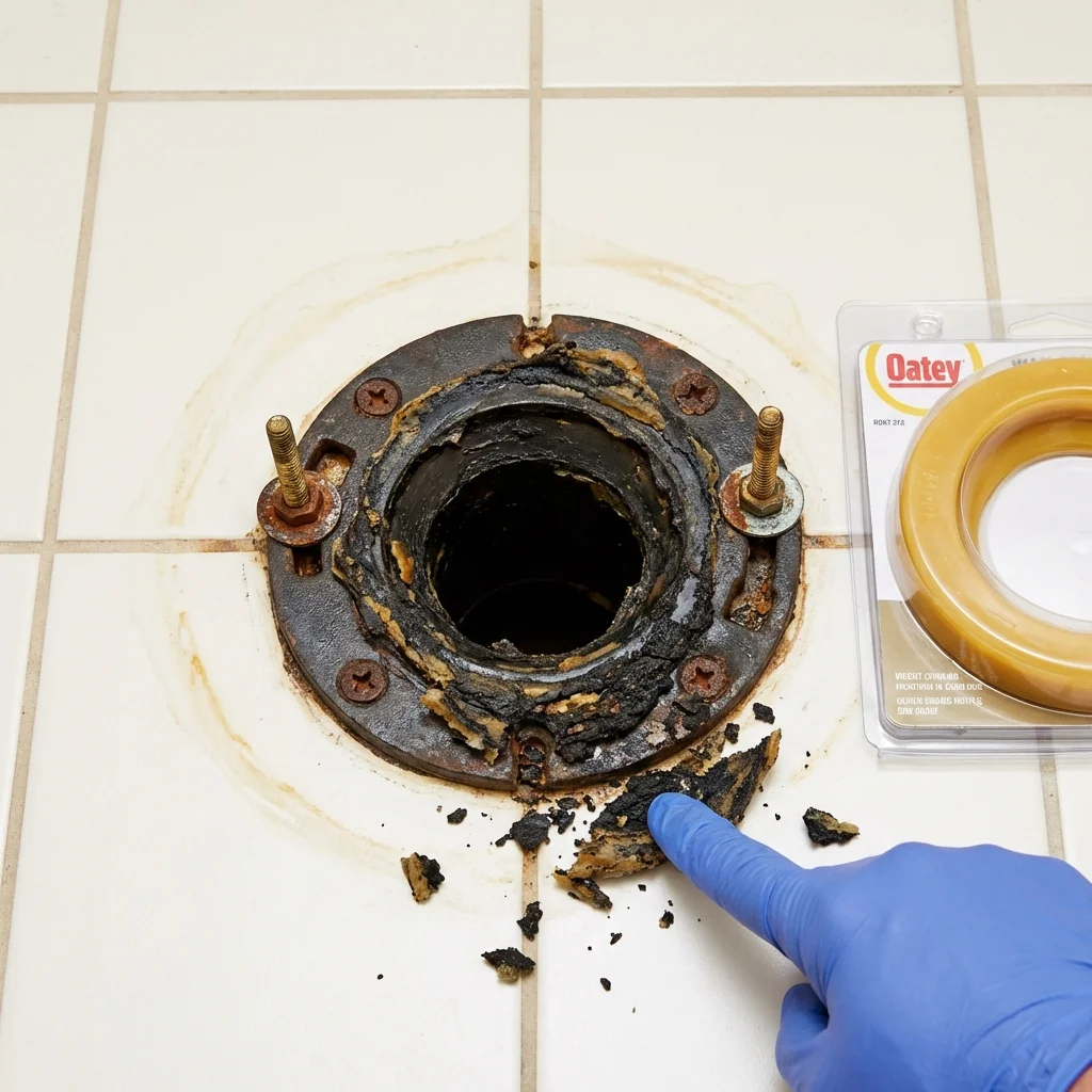 Failed wax ring showing water seepage at the base of a toilet in a Grantham, NH home