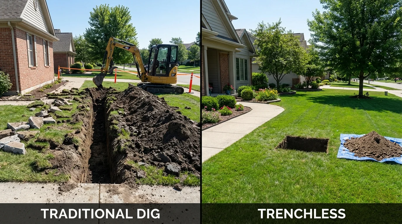 Trenchless sewer repair with minimal yard damage versus traditional excavation in Grantham, NH