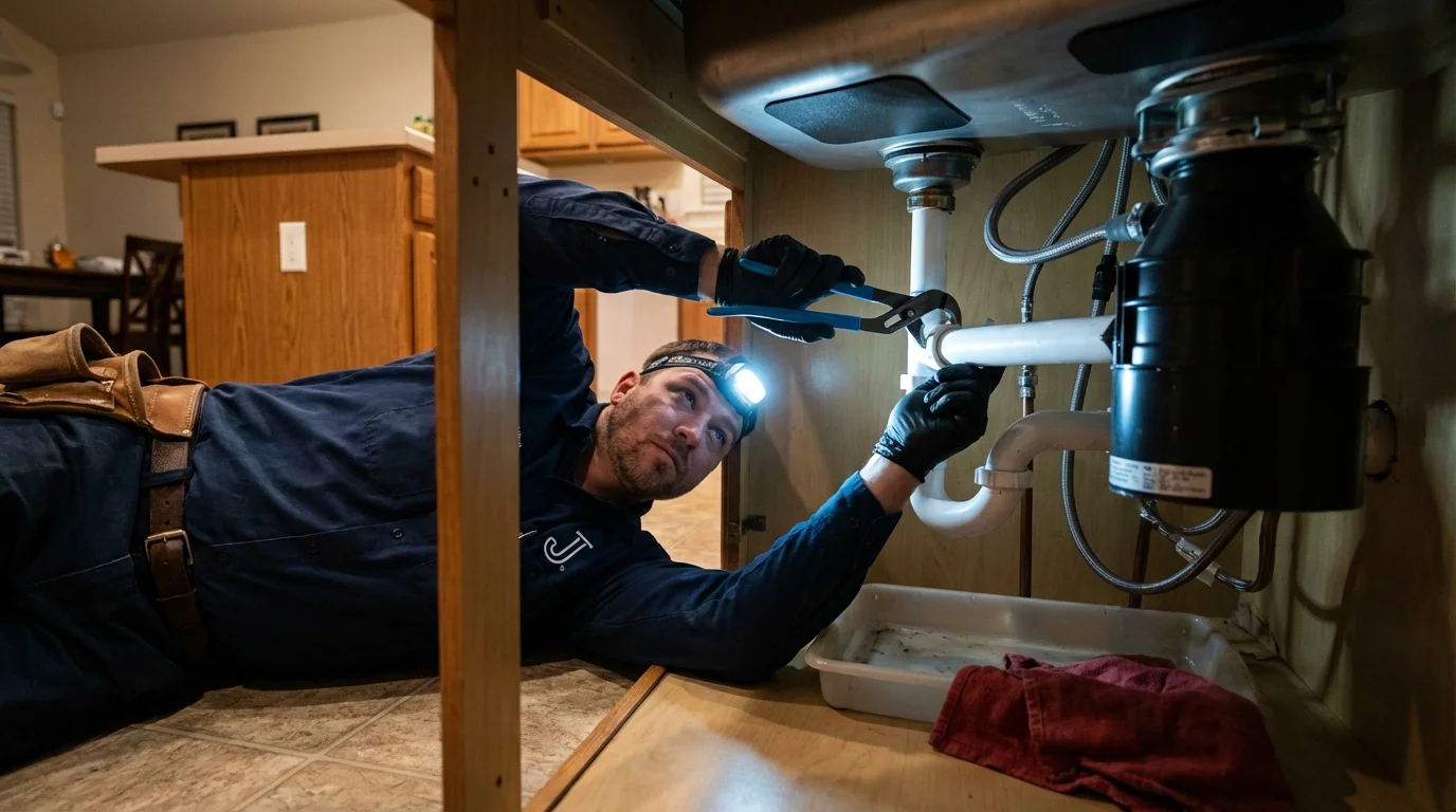 P-trap and supply line connections under a kitchen sink showing a common leak point in Grantham, NH